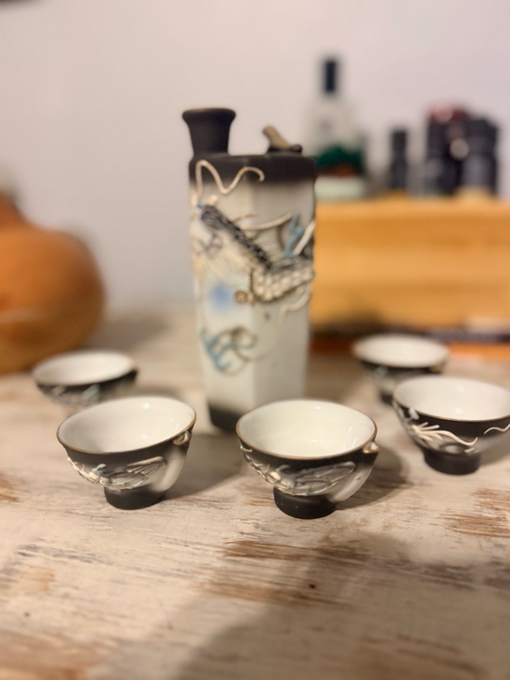 Vintage Ceramic Sake Set in Black and White with Hand-Painted Detail